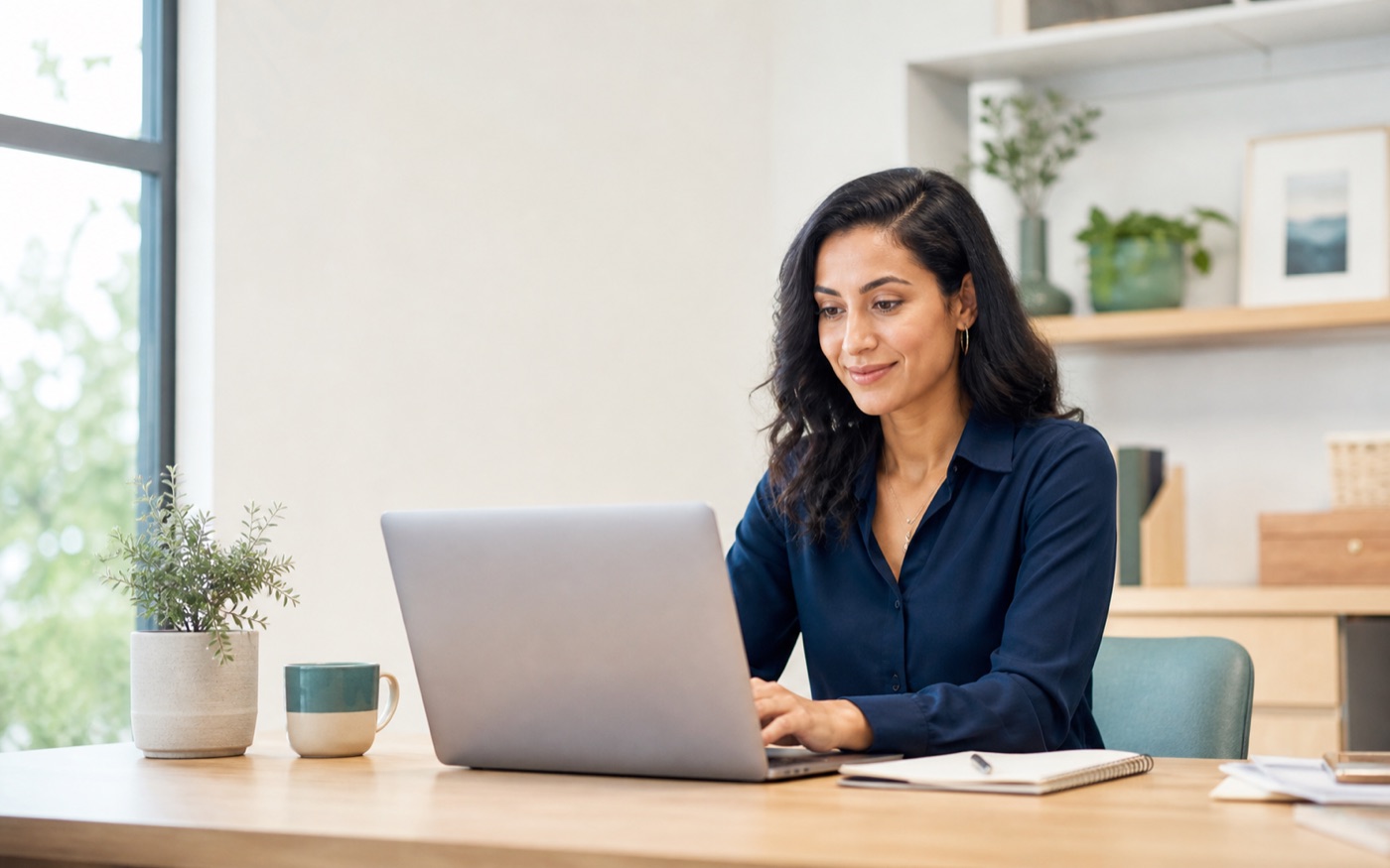 Independent small-business owner working confidently with a laptop