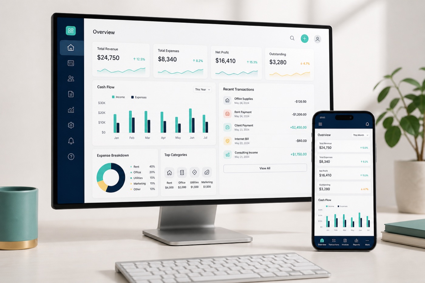 PocketBus business dashboard displayed on a desktop monitor and smartphone