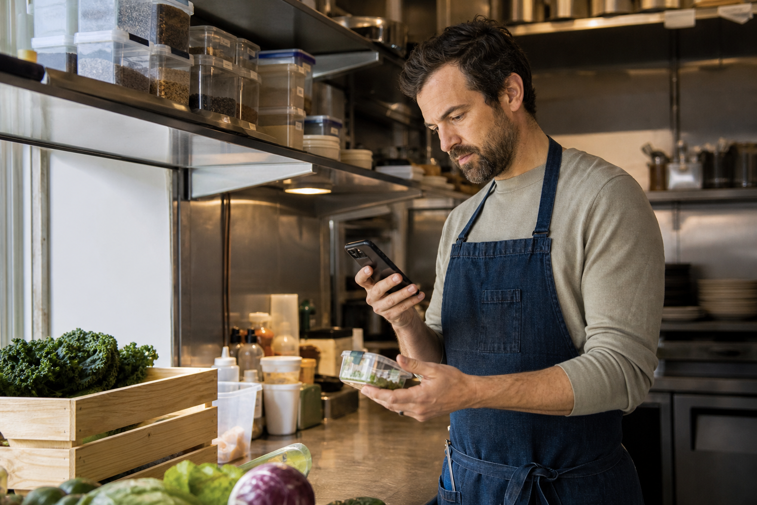 Restaurant owner using a phone app while counting kitchen inventory