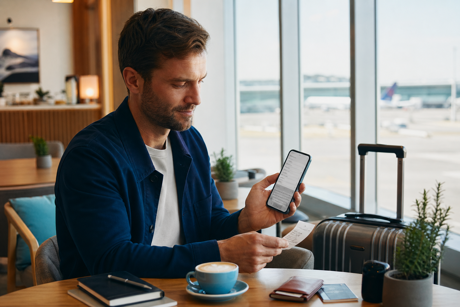 Traveler using a phone app to record an expense from a receipt